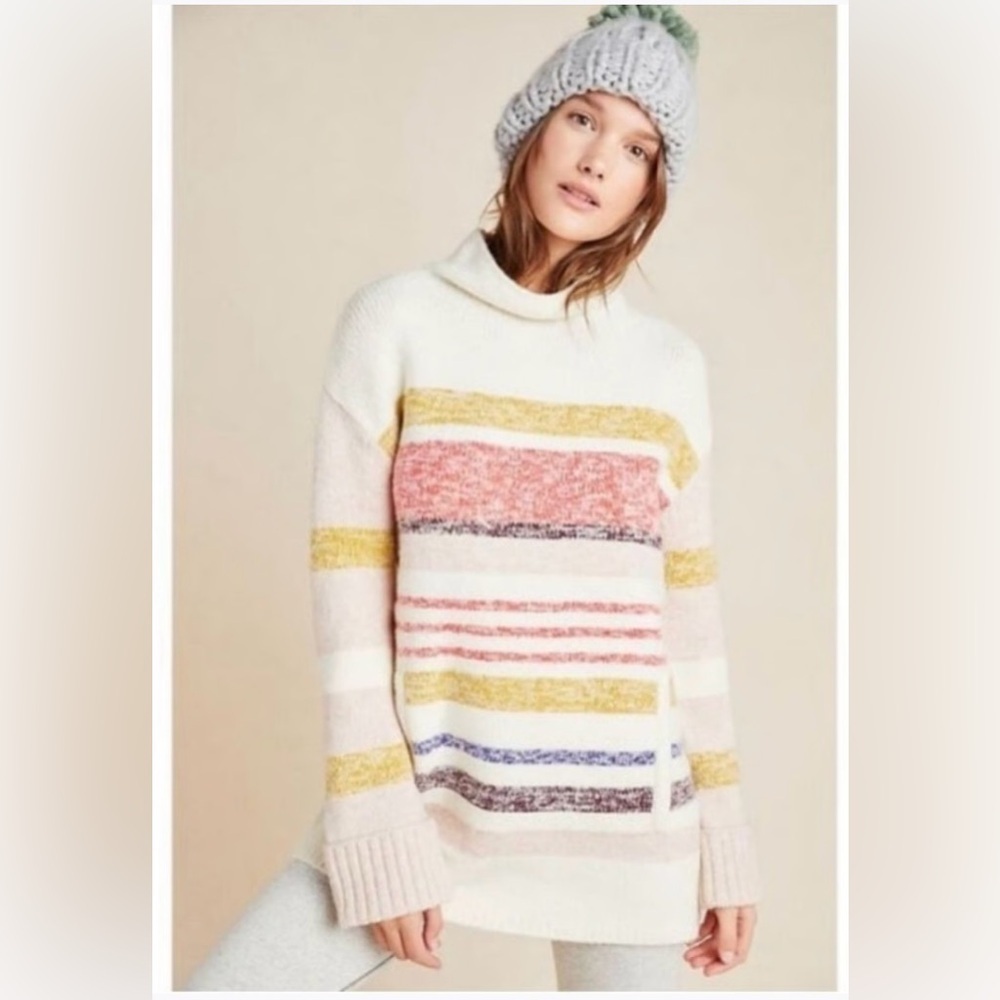 Anthropologie Elana Tunic Sweater Pullover in Ivory Multicolor Stripes Size M